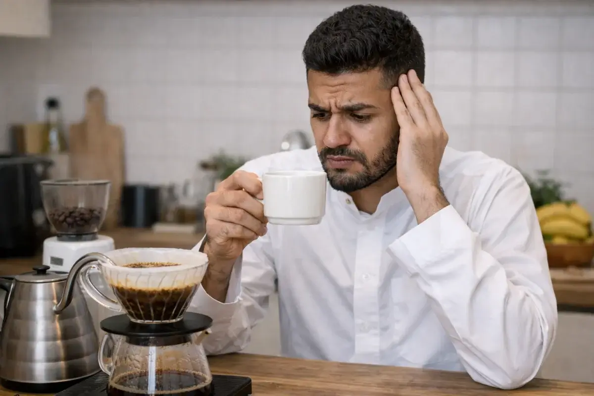 شخص محتار في سبب فشل القهوة في المنزل