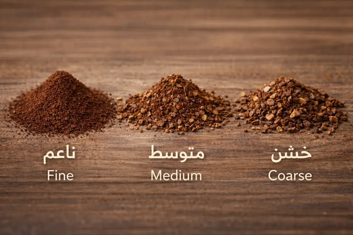 مقارنة بصرية بين درجات طحن القهوة الناعم والمتوسط والخشن