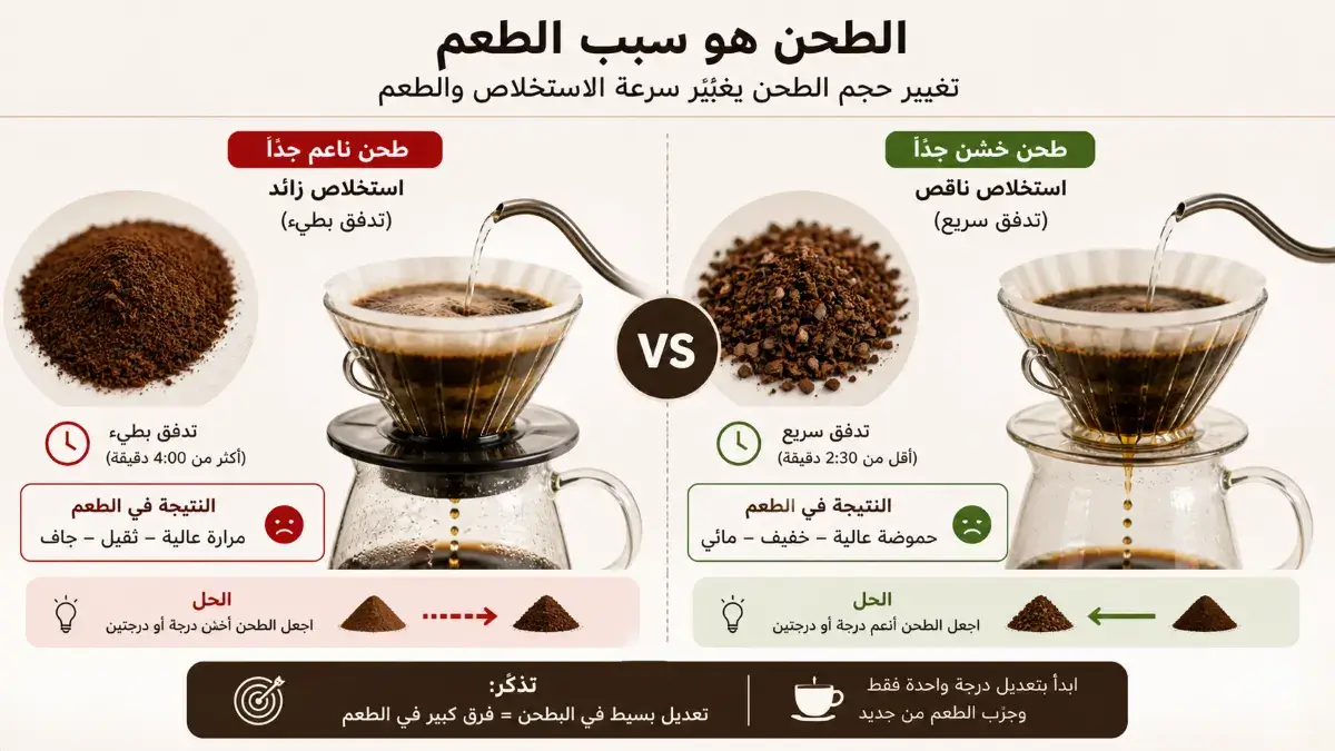 الفرق بين الطحن الناعم والخشن وتأثيره على استخلاص القهوة