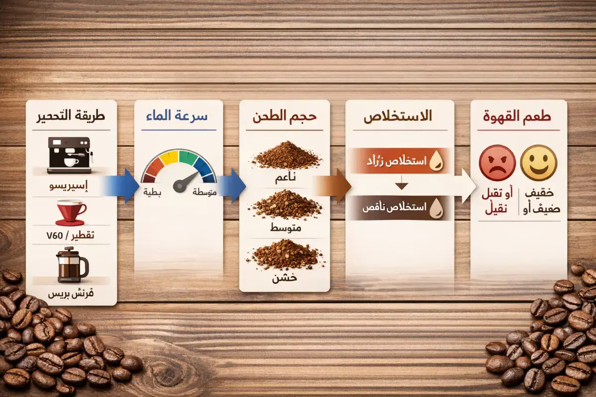مخطط يوضح العلاقة بين طريقة التحضير وحجم الطحن والاستخلاص وطعم القهوة