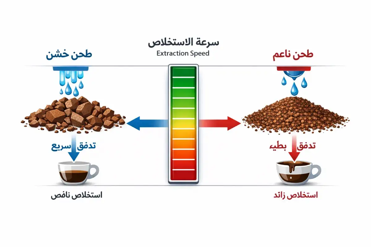رسم يوضح الفرق بين الطحن الخشن والناعم وتأثيره على سرعة الاستخلاص