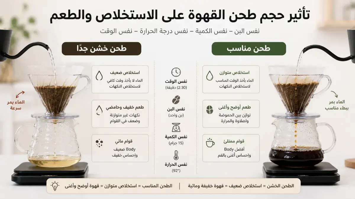 تأثير حجم طحن القهوة على سرعة الاستخلاص وقوة الطعم