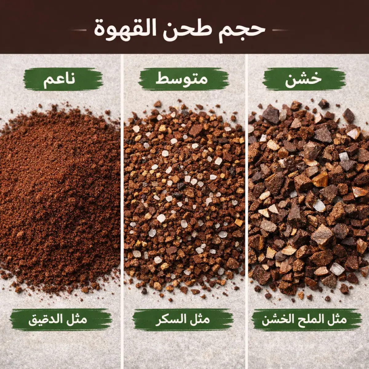 حجم طحن القهوة من ناعم إلى خشن مقارنة بصرية