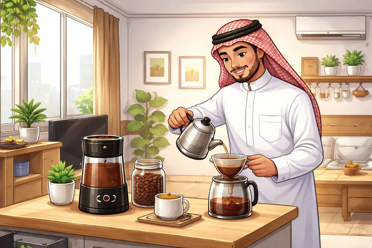 استخدام مطحنة كهربائية صغيرة في شقة صغيرة لتحضير القهوة يوميًا