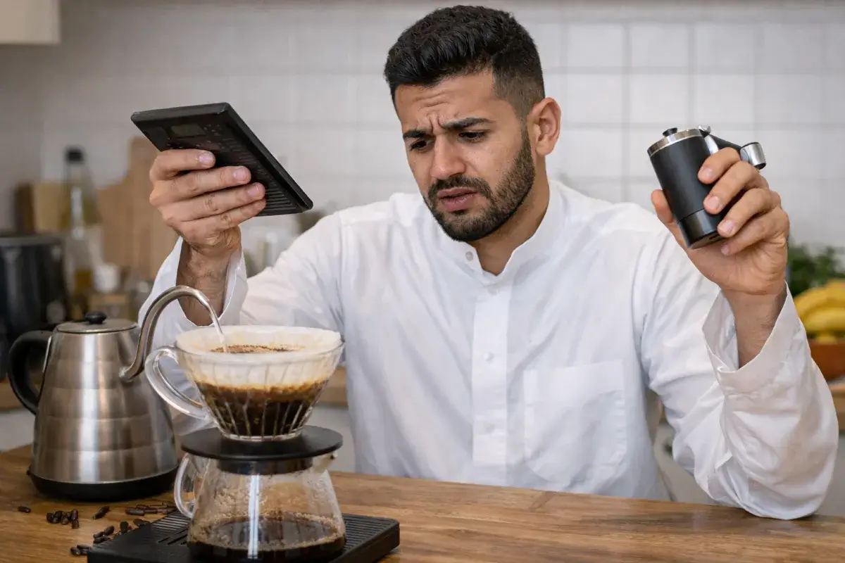 شخص يغير إعدادات القهوة بشكل عشوائي دون فهم