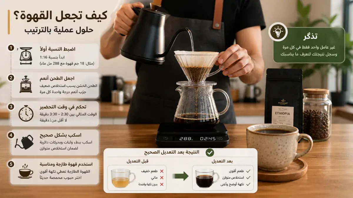 تحسين قوة القهوة المنزلية عبر ضبط النسبة والطحن بشكل صحيح