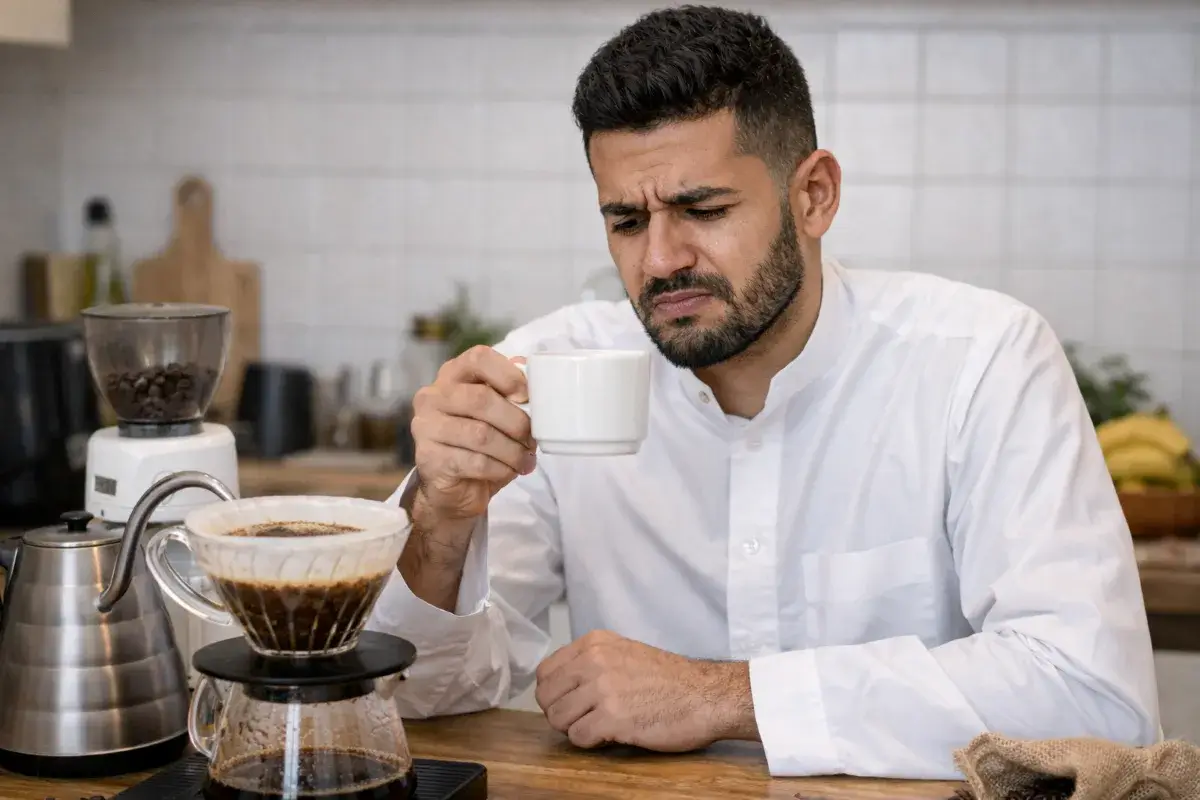 شخص يستخدم أدوات قهوة جيدة لكنه غير راض عن النتيجة