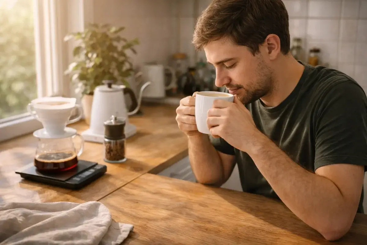 شخص يستمتع بشرب القهوة في المنزل بهدوء باستخدام إعداد قهوة بسيط ومريح