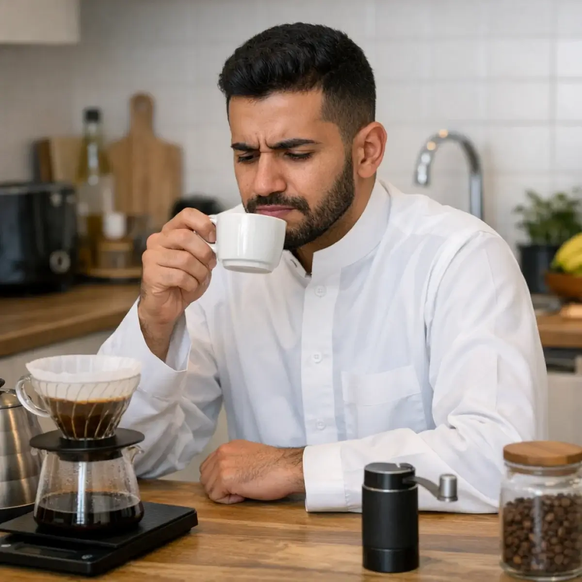 شخص يحضر القهوة في المنزل لكنه غير راضٍ عن الطعم