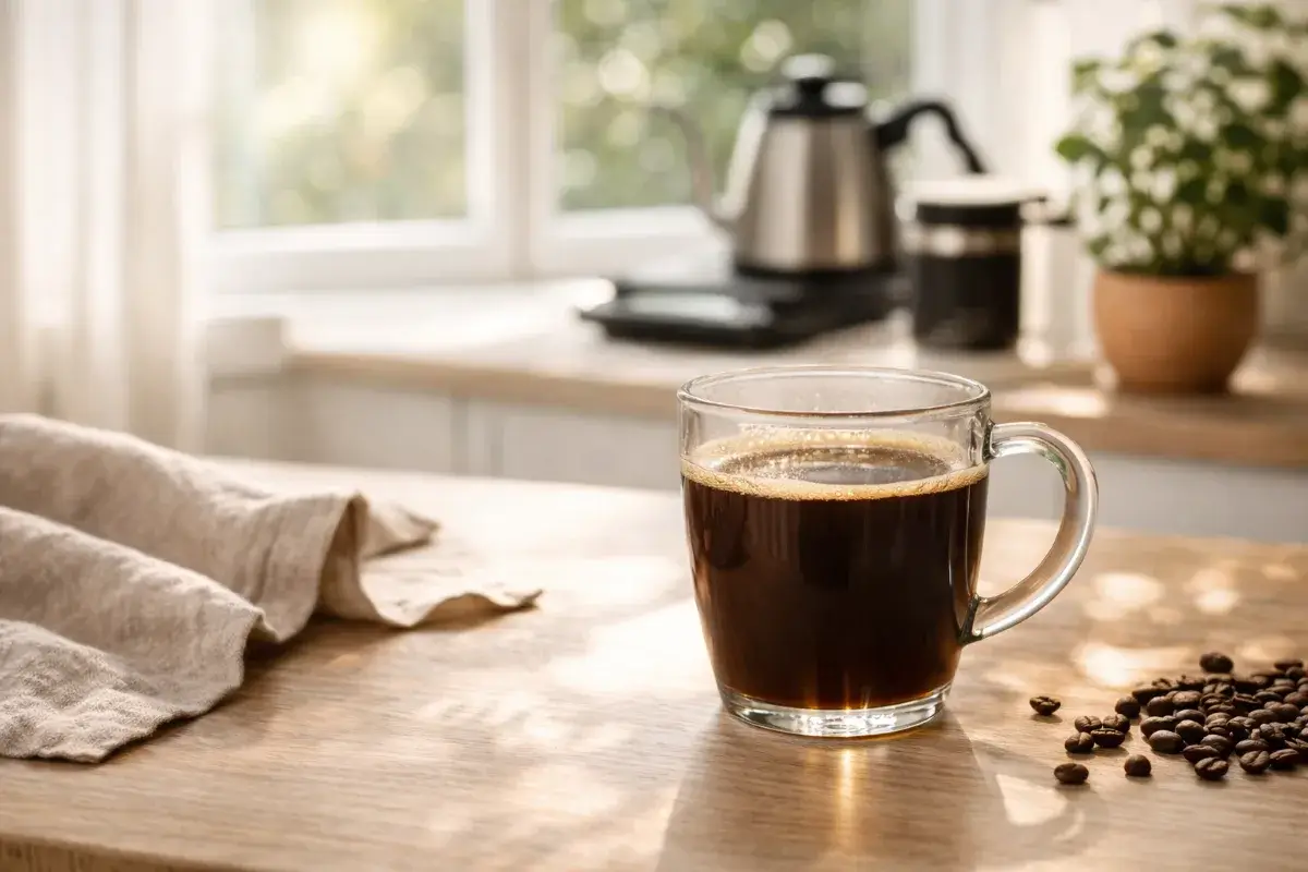 كوب قهوة V60 صافي في المنزل بإضاءة طبيعية ونتيجة احترافية