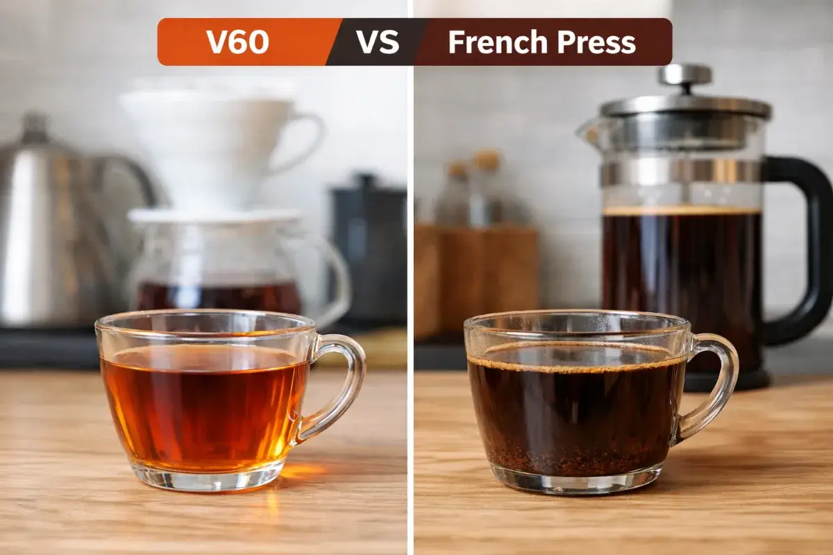 قارنة بصرية بين قهوة V60 الصافية وقهوة French Press الثقيلة في المنزل